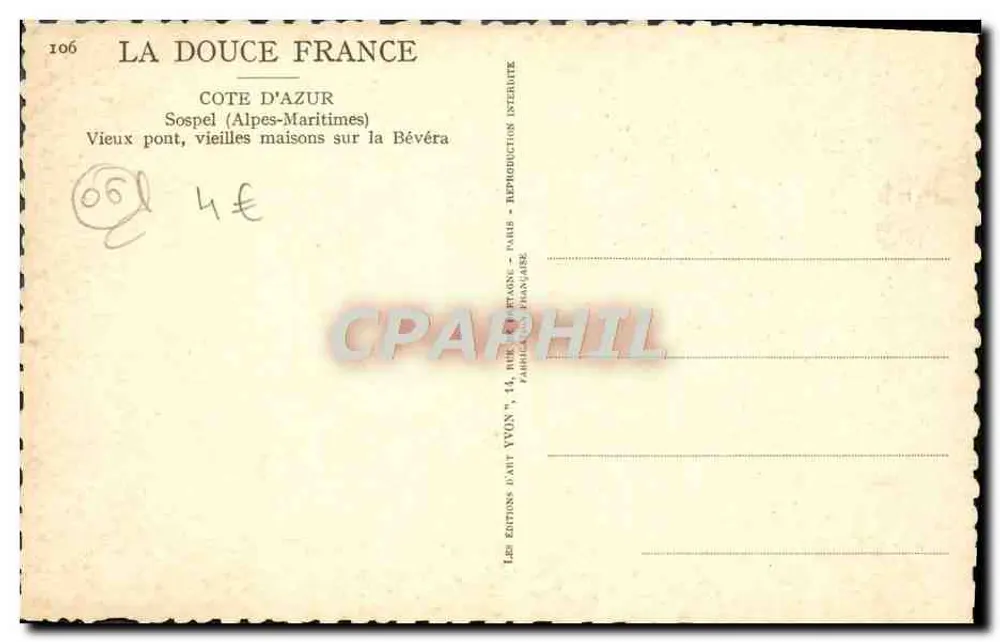 Sospel (Alpes-Maritimes) — Alter Brücke, alte Häuser am Bévéra — Éditions d'Art Yvon, Paris - Rückseite