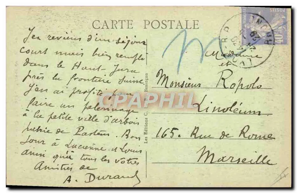 Estátua de Pasteur — Arbois (Jura) — Les Éditions C. Léon Béassion - Verso