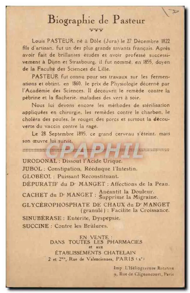 Pastor em seu laboratório — Centenário de Pasteur (Estrasburgo 1923) — Wagget, Coleção do Dr. Manget - Verso