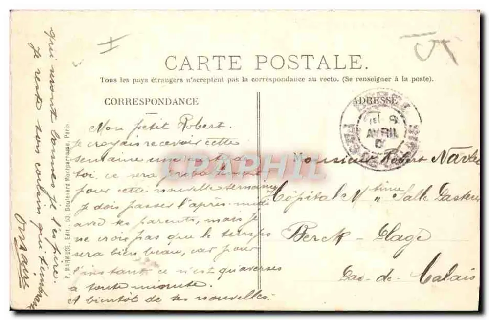 Paris — Instituto Pasteur — P. Bâthioux, Edt. 53, Boulevard Montparnasse - Verso