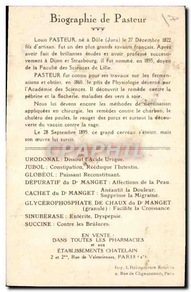 Pastore nel suo laboratorio — Centenario di Pasteur (Strasburgo 1923) — Offerta da Urodonal - Verso