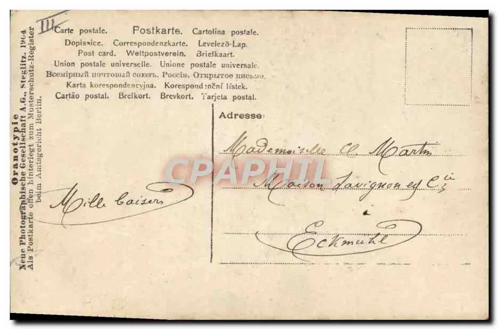 Jeune femme en maillot de bain — pose de studio — éditeur Gramotypie, Berlin, n° 103/19 - Verso