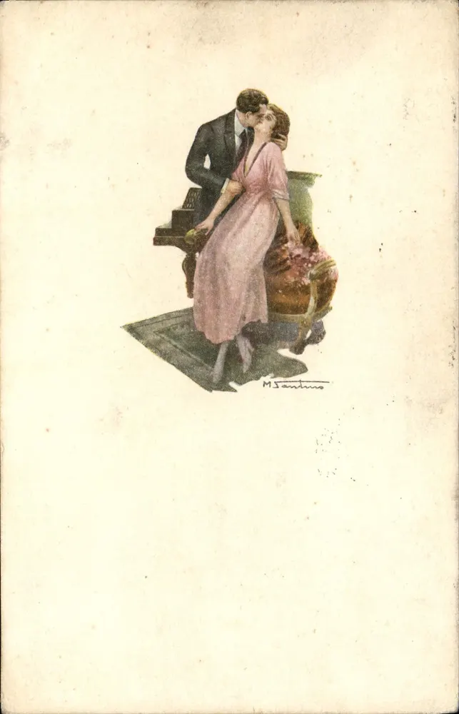 Kussender Paar — signierte Illustration M. Santuno — unbekannter Verlag - Vorderseite