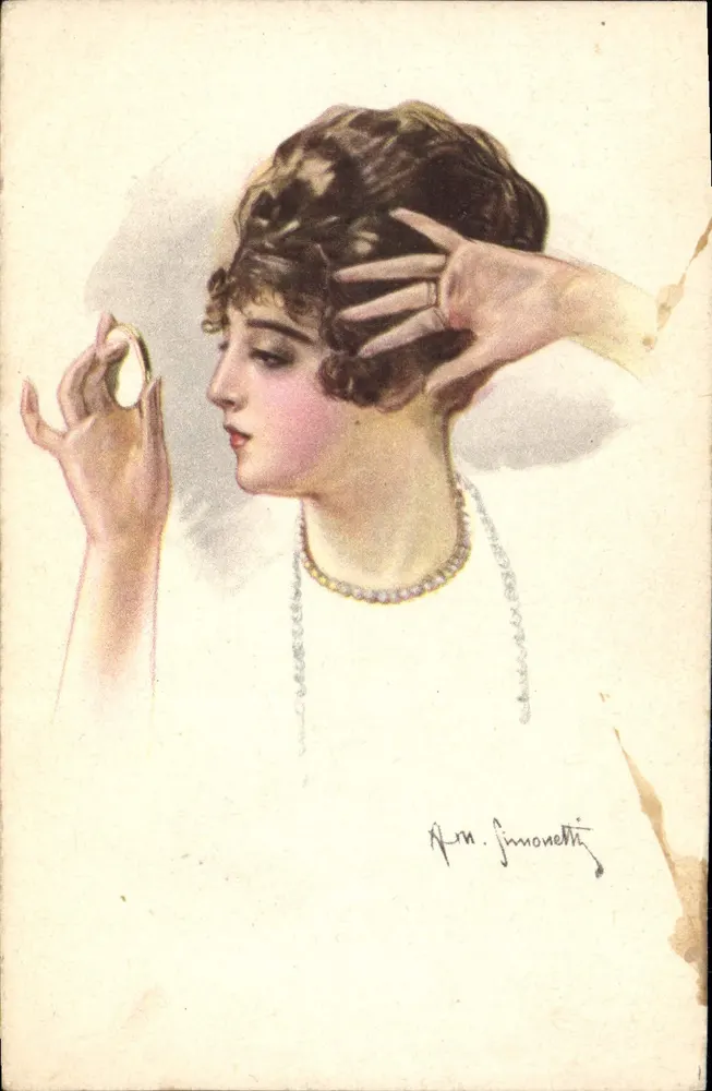 Junge Frau, die Schminken — Illustration von Arn. Jimonetti — unbekannter Verlag - Vorderseite