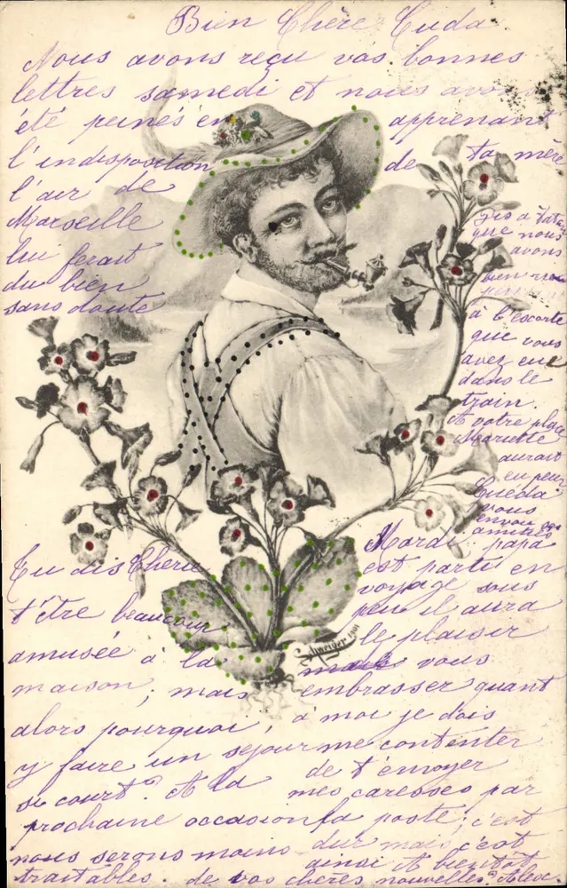 Porträt eines Mannes mit Blumen — unbekannter Verlag, Seriennummer nicht sichtbar - Vorderseite