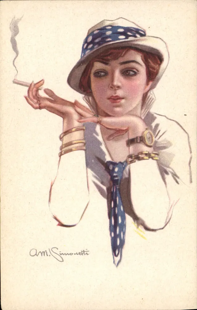 Junge Frau, die eine Zigarette raucht — Illustration von A.M. Simonetti — unbekannter Verlag - Vorderseite