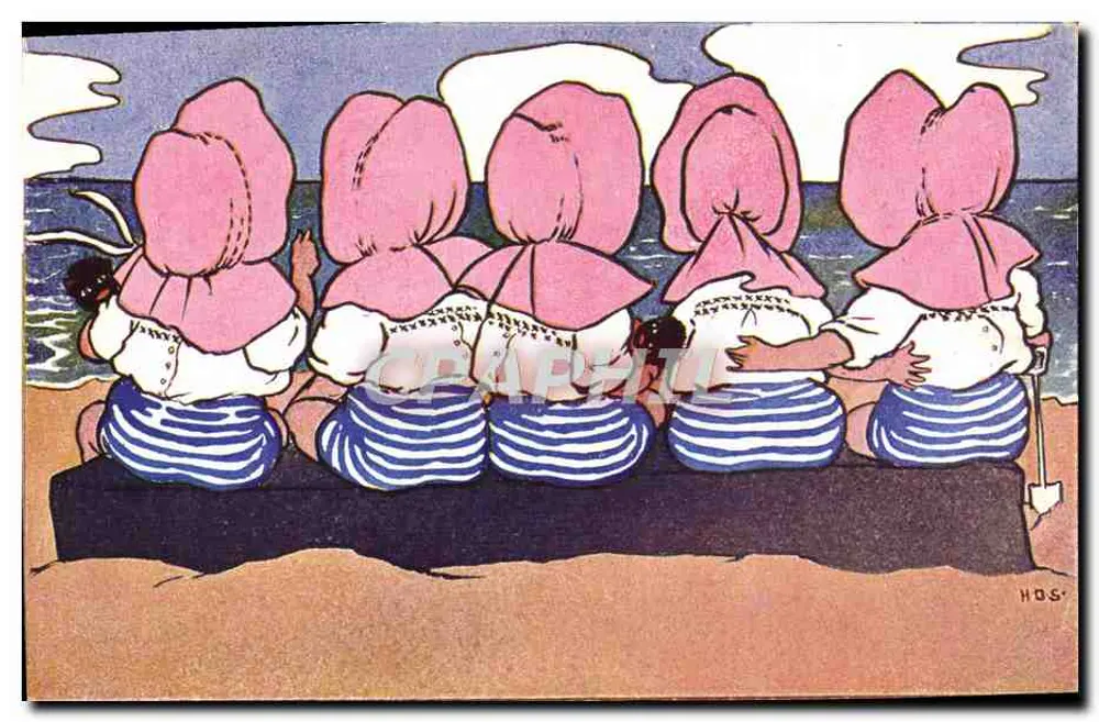 Fünf junge Mädchen mit rosa Bonnets — Strand — HOS. (unbekannter Verlag, Seriennummer nicht sichtbar) - Vorderseite