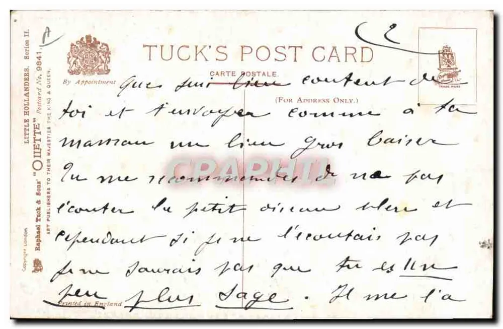 Kind und Mann im niederländischen Kostüm — humorvoller Szene mit Mühle — Tuck's Post Card, Serie II, Nr. 9641 - Rückseite