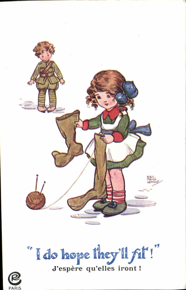 Mädchen, das Stiefel für einen Soldaten näht — H.E.C. Parigh Lamerie — Paris - Vorderseite