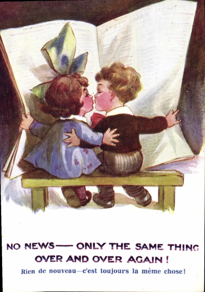 Zwei Kinder, die ein Buch lesen — 'Keine Neuigkeiten — es ist immer dasselbe !' — New Love Art Co. Nr. 252 - Vorderseite