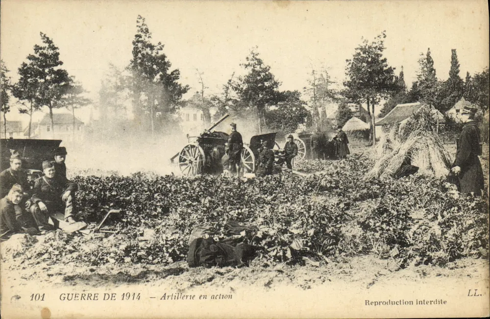 Artiglieria in azione — Guerra del 1914 — Editore LL. Numero di serie 101 - Recto