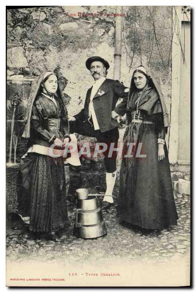 Tipos Obsalois — Fotografia de três pessoas em trajes tradicionais — Phototype Labouche Frères Toulouse, n° 158 - Frente