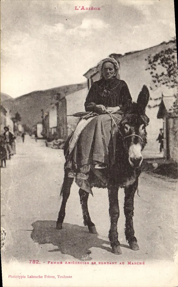 Mujer Ariégeoise que se dirige al mercado — L'Ariège — Fototipia Labouche Frères, Toulouse, n°782 - Anverso