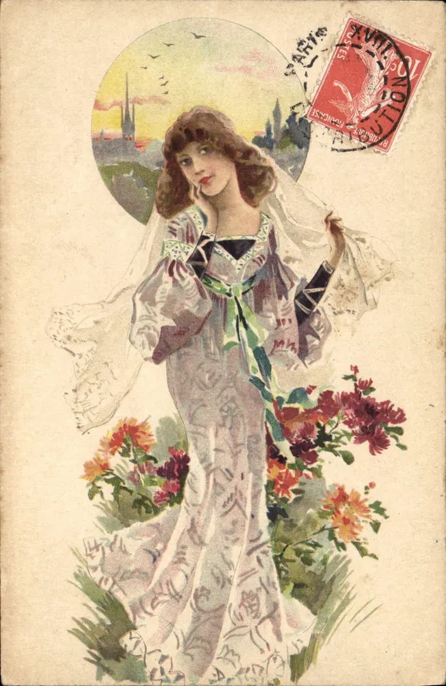 Junge Frau in eleganter Kleidung — Sonnenuntergangslandschaft — Verlag Jos. Léonard, Nr. 316 - Vorderseite