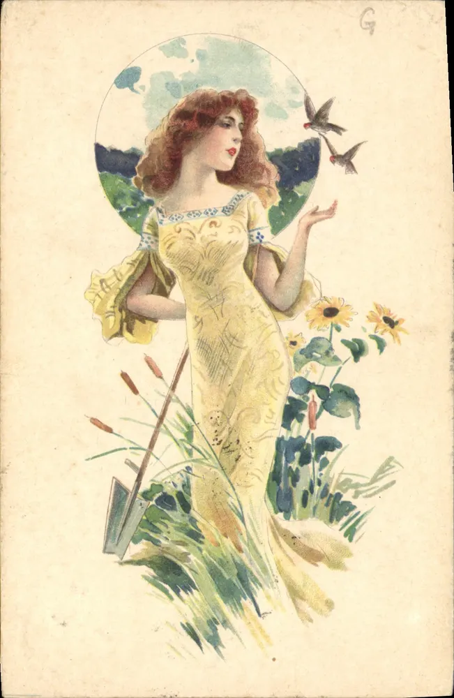 Frau in gelber Robe unter Sonnenblumen — Verlag G. G. n° 2319/30 - Vorderseite