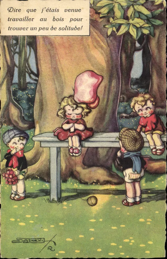 Kinder in einem Waldpark — poetischer Text — unbekannter Verlag, Seriennummer nicht sichtbar - Vorderseite