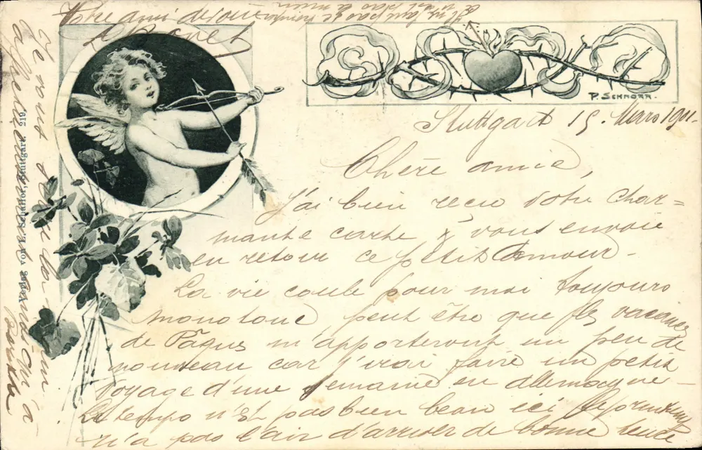 Cupido com arco e flecha — ilustração de P. Schnorr — editor: Verlag von E. Schäfer, Stuttgart - Frente