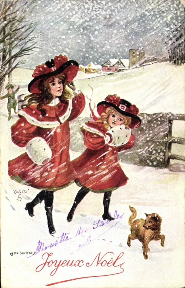 Zwei Kinder spielen im Schnee — 'Oilette' — Tuck's Post Card - Vorderseite