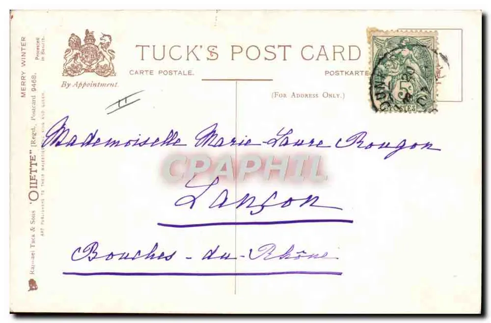 Zwei Kinder spielen im Schnee — 'Oilette' — Tuck's Post Card - Rückseite
