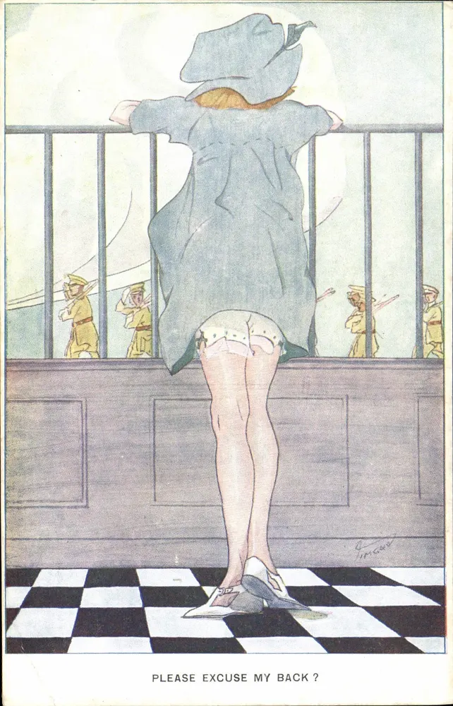 Frau in Kleid und Hut — Rückansicht auf einer Galerie — Zeichnung von G. Tincav — Verlag A. Leroi und R. Crémeny, Paris, Nr. 84 - Vorderseite