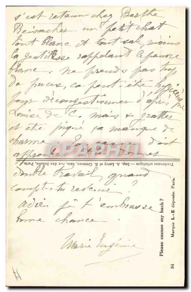 Frau in Kleid und Hut — Rückansicht auf einer Galerie — Zeichnung von G. Tincav — Verlag A. Leroi und R. Crémeny, Paris, Nr. 84 - Rückseite