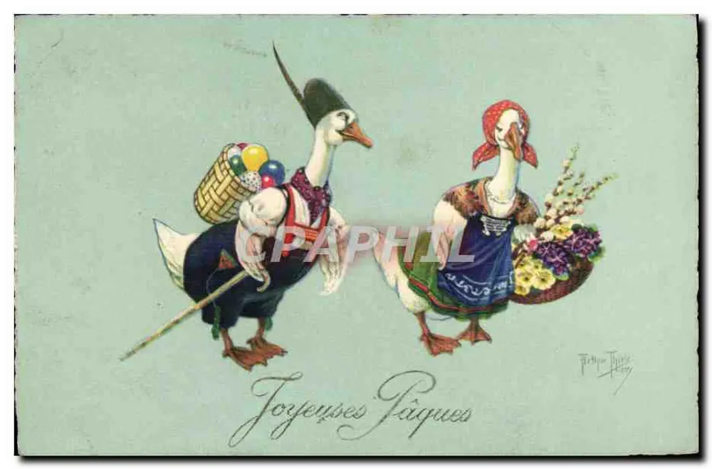 Zwei Enten in Bauernkleidung — Frohe Ostern — Philippe Jullien - Vorderseite