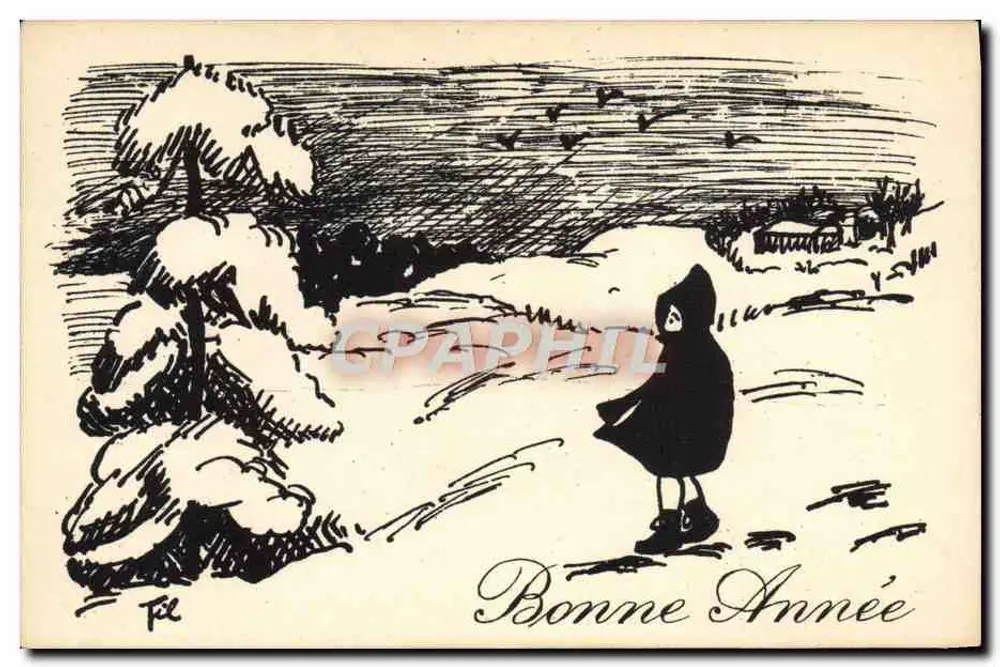 Kind in der Schnee — Frohe Weihnachten — Zeichnung von Tél - Vorderseite