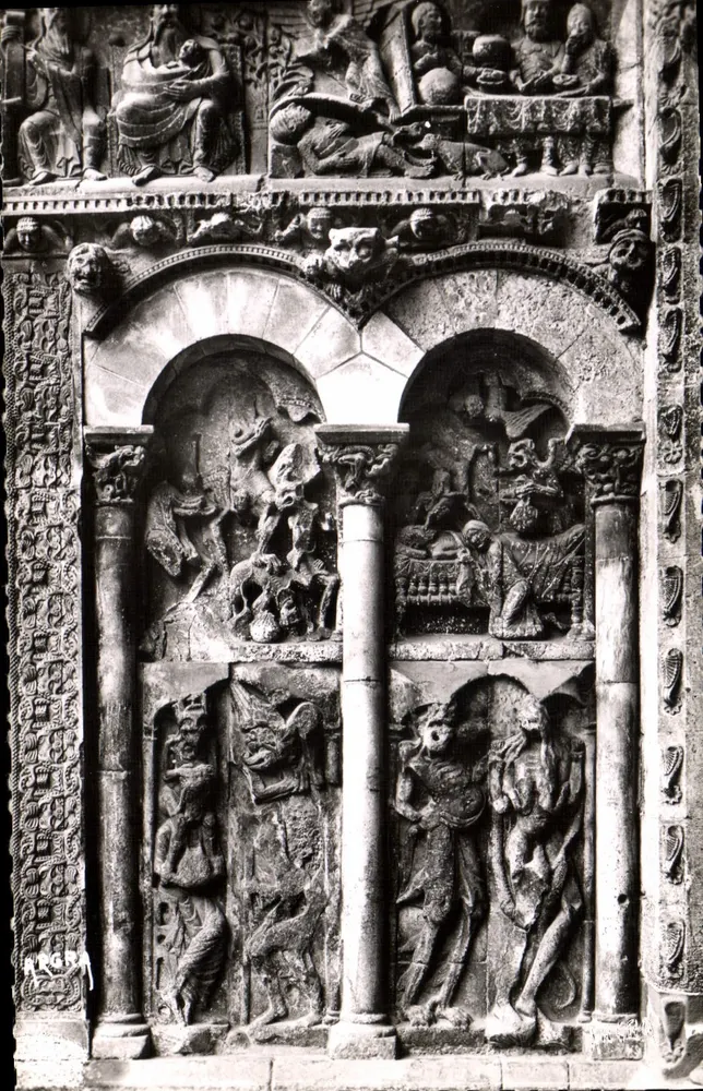 Abteikirche von MOISSAC — Westlicher rechter Teil des Portals (12. Jahrhundert) : Luxus, Geiz und das Gleichnis vom Lazarus — ARGRA Editions, Toulouse - Vorderseite