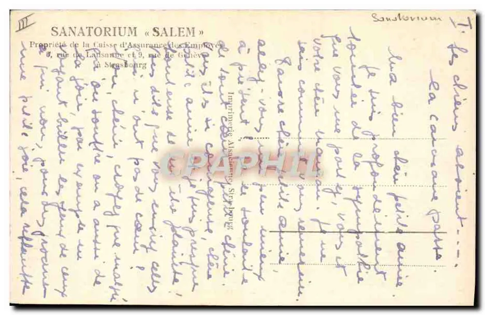 Sanatorium Salem - Salon et bibliothèque — éditeur imprimeur Alstein & Cie, Strasbourg - Verso