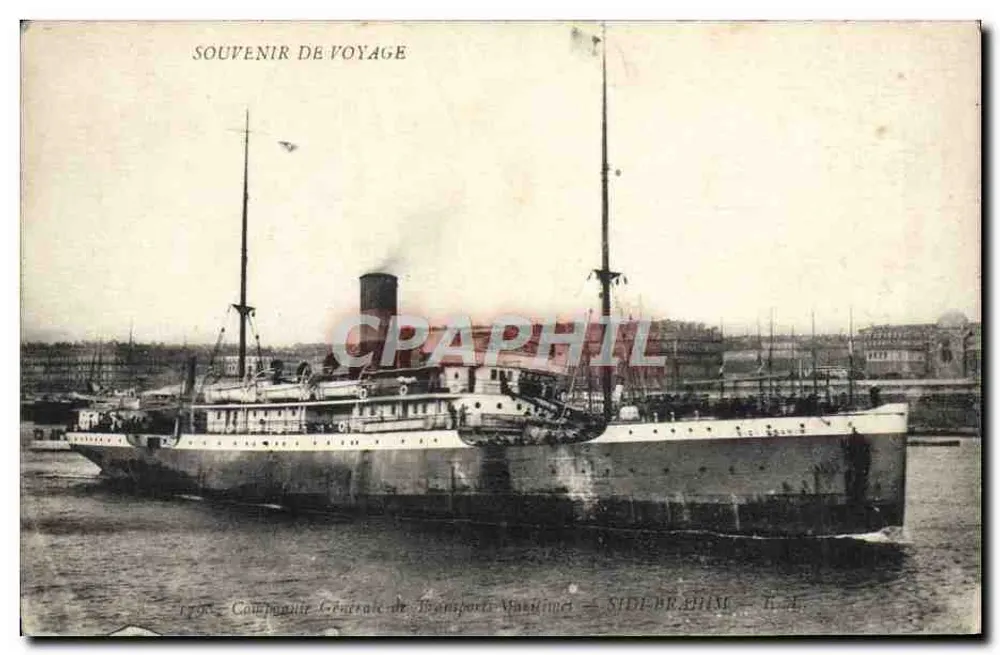 Navio a vapor — Lembrete de viagem — Compagnie Générale de Transport Maritime — SIDI-BRÂHIM — R.M. - Frente