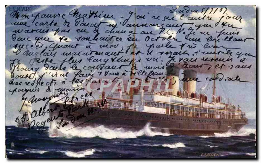 Navio a vapor S.S. SCOTIA — Londres, 1907 — editor L.B. NAWRY - Frente