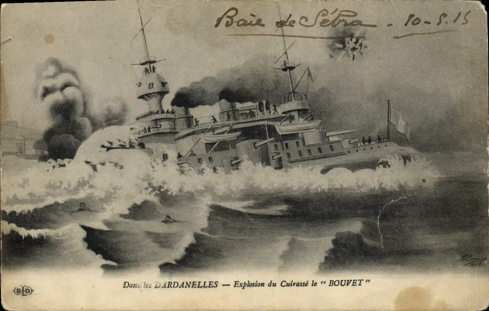 Dardanellen — Explosion des Panzerschiffes "Bouvet" — E. De Quay, Imp. Édil., 127, boulevard de Sébastopol - Paris - Vorderseite