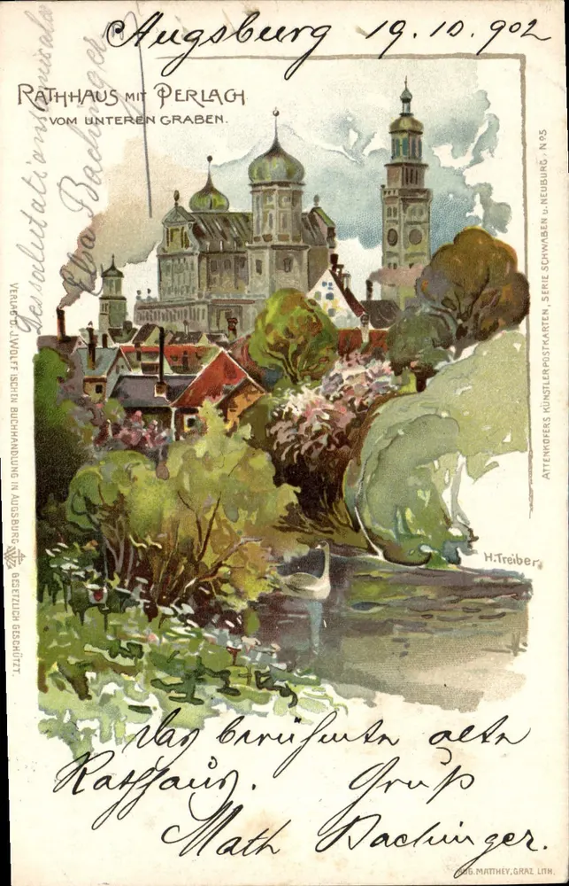 Augsburg — Rathaus mit Perlach vom Unteren Graben — Attenmofers Künstlerpostkarten, Serie Schwaben, N° 95 - Vorderseite