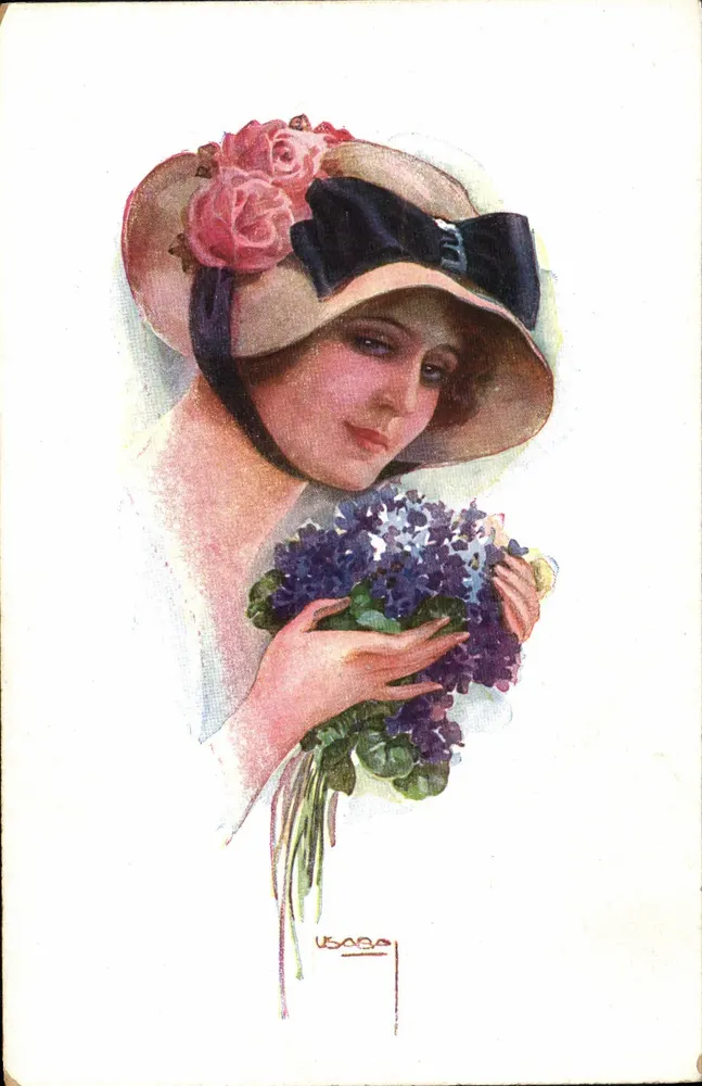 Frau mit Hut, verziert mit Rosen — Lavendelbouquet — Zeichnung signiert 'USOBA' — Verlag ERKAL, Nr. 338/3 - Vorderseite