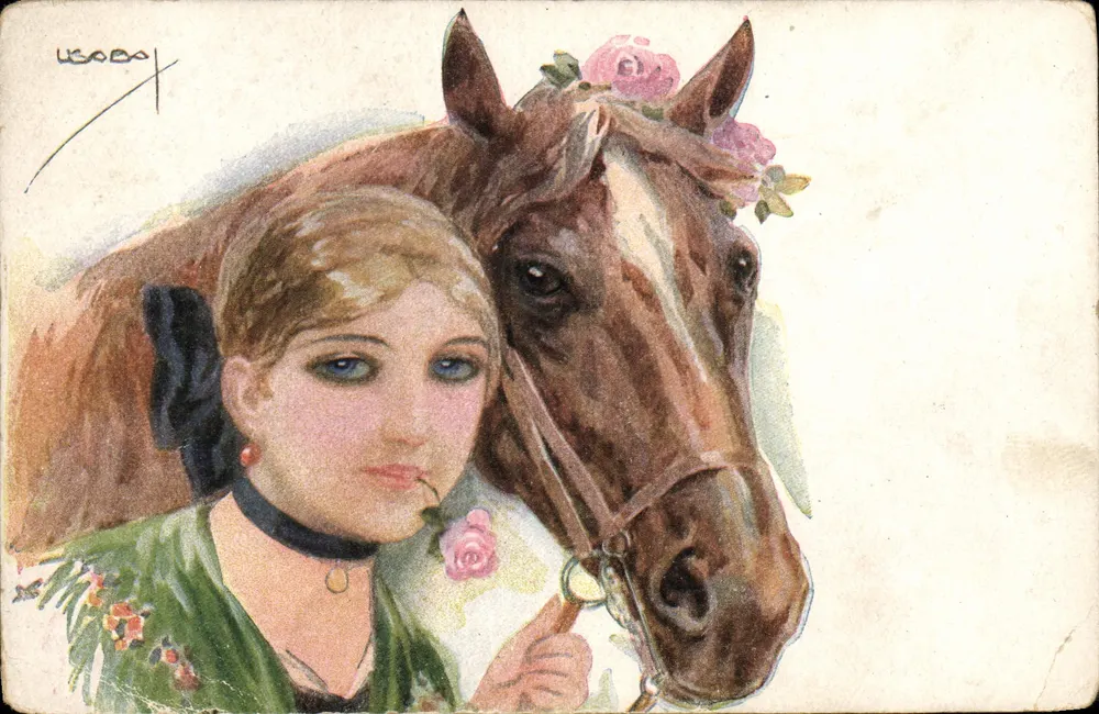Junge Frau und Pferd — Rosen — Verlag ERKAL Nr. 328.0 - Vorderseite