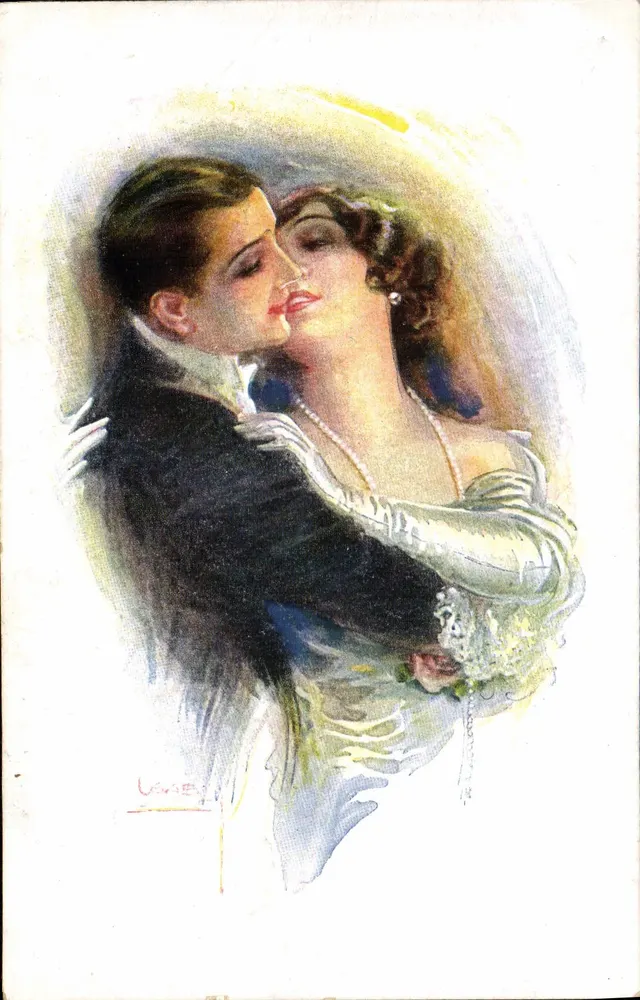 Ein sich umarmendes Paar — signierte Illustration 'L. V. M.' — Verlag ERKAL, Nr. 357/5 - Vorderseite