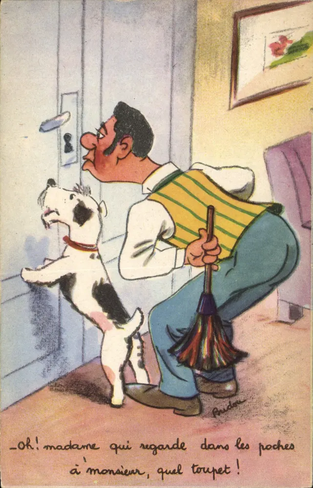 Hund und Mann am Schwellen — humoristische Szene — Andrae - Vorderseite