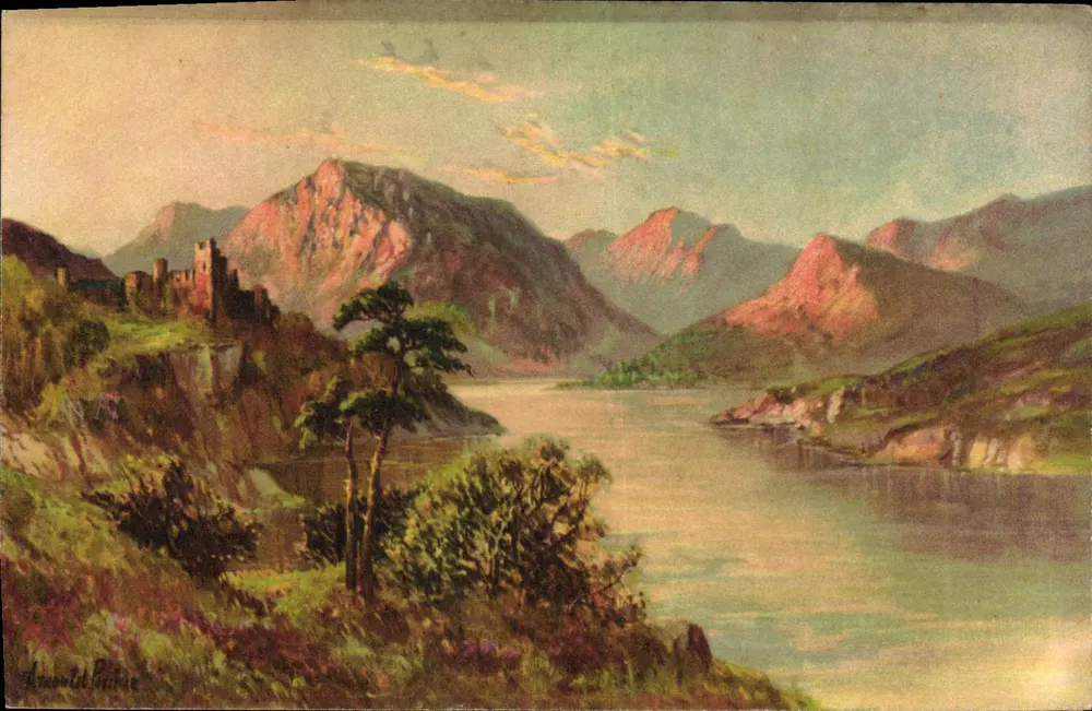 Schloss Cragside — Seen vom See und von den Bergen — Zeichnung von Arnould Pottier - Vorderseite