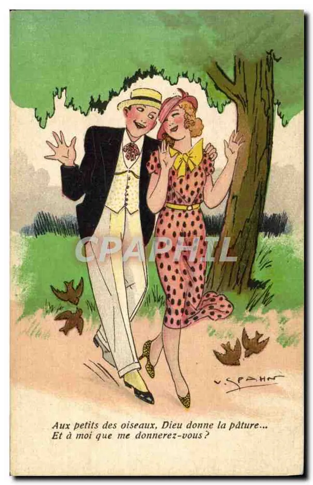 Liebespaar unter einem Baum — humoristische Illustration — V. SPANH, Verlag E.M. Nr. 335 - Vorderseite