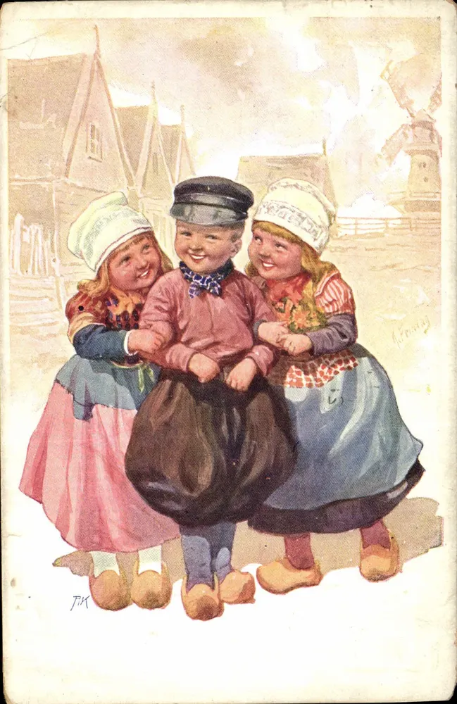 Kinder in traditionellen Kleidern — Straßenszene mit Windmühle — Verlag J. K. (Unterschrieben) — Seriennummer nicht sichtbar - Vorderseite