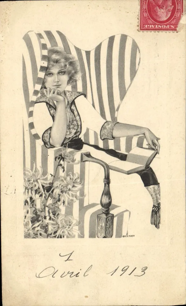 Moderne Ansichtskarte Frau sitzt in gestreiftem Sessel — 1. April 1913 — C. P. M. (C. P. M.) - Vorderseite