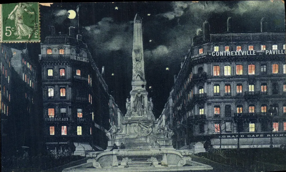 Plaza de la República en París — vista nocturna con obelisco — editor anónimo - Anverso