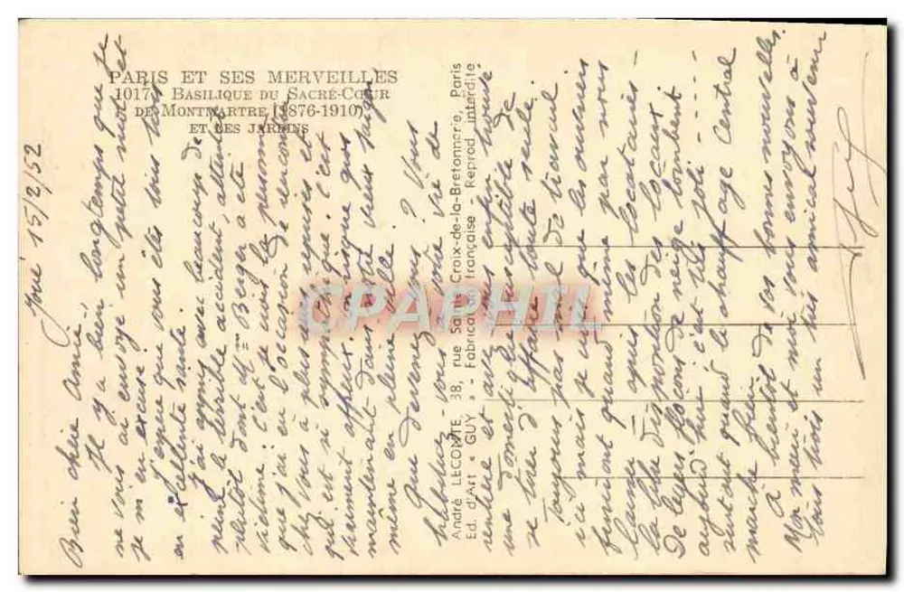 Bazylika Świętego Serca — Paryż — Wydawca GUY, n° 1017 - Rewers