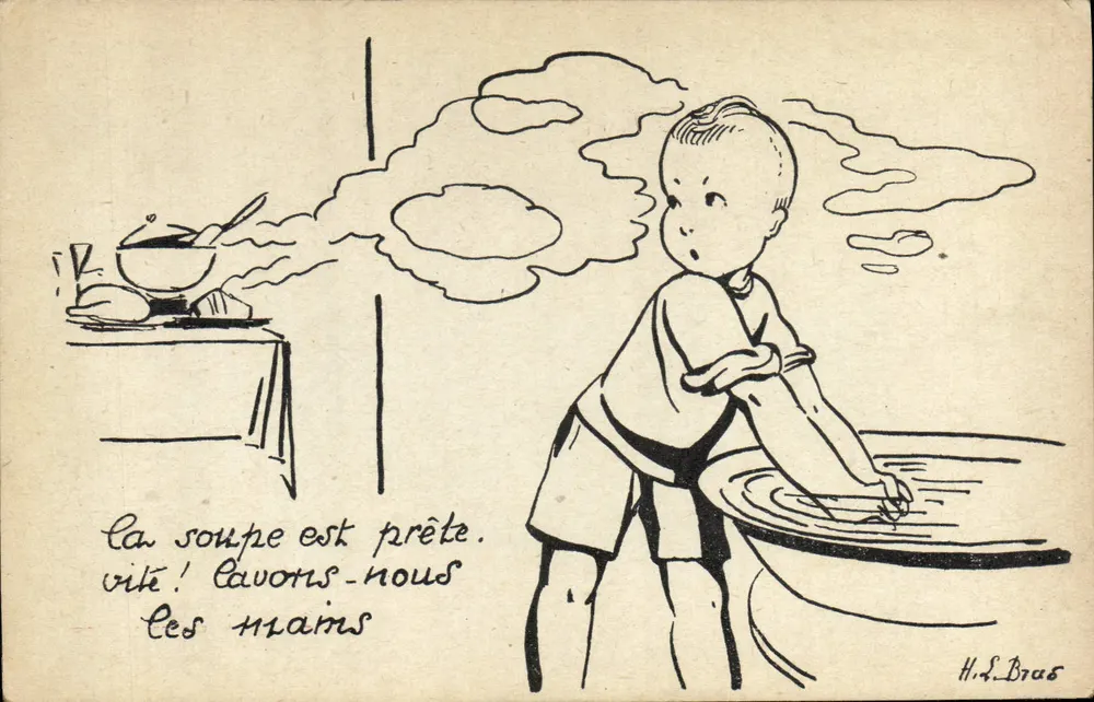 Criança lavando as mãos — sopa pronta — H. L. Bras - Frente