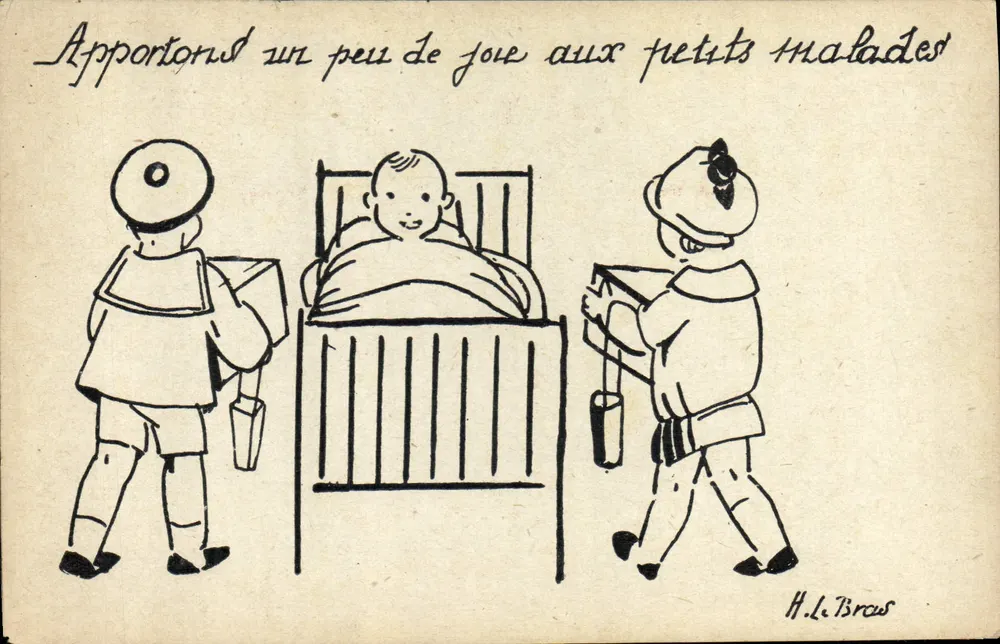 Crianças trazendo brinquedos para uma criança doente — H. Le Bras — Cruz Vermelha Francesa Seção da Juventude - Frente