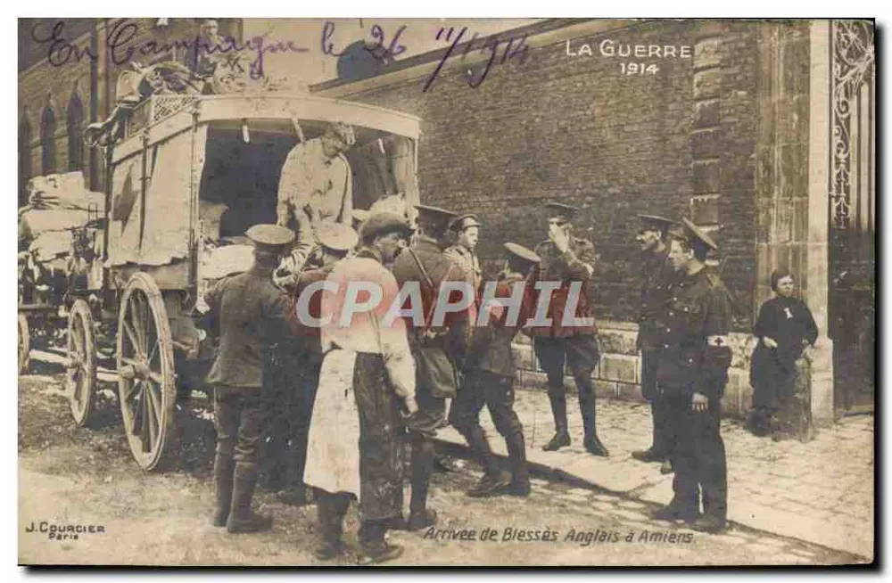 Arrivée de Blessés Anglais à Amiens — scène de soins militaires — éditeur J. Courcier Paris - Vorderseite