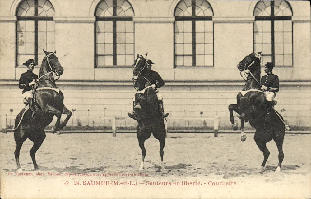 Reiter in Freiheit — Courbette — Fr. Voelcker, phot. Saumur, abgelegt (mit Apparat Goetz-Anschutz erlangt) - Vorderseite