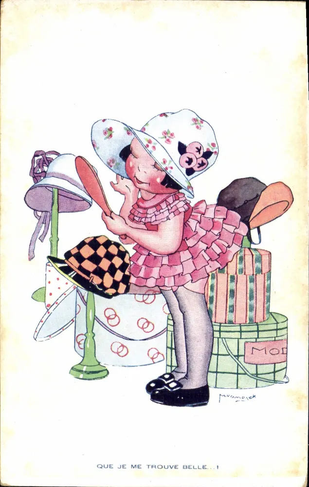 Mädchen, das seinen Spiegel betrachtet — Illustration von P. Manoel — veröffentlicht von Grands Magasins de la Samaritaine, Paris - Vorderseite