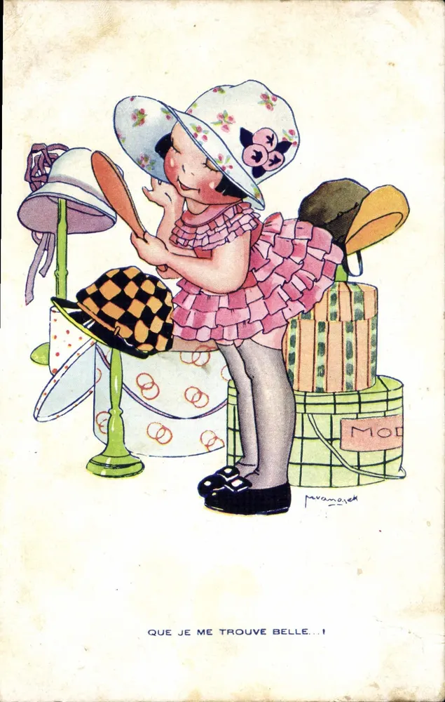 Mädchen in rosa Kleid und blühendem Hut — 'QUE JE ME TROUVE BELLE...' — Pavananed, Verlag MOD - Vorderseite