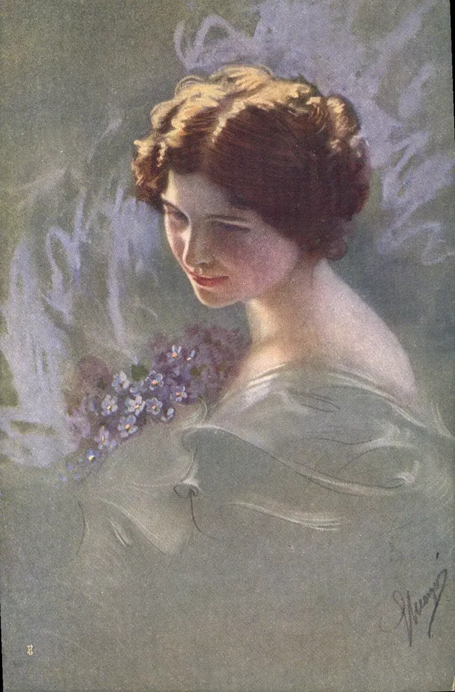 Junge Frau mit Blumenstrauß — künstlerische Illustration — Serie 1041, veröffentlicht von Cartolina Postale - Vorderseite